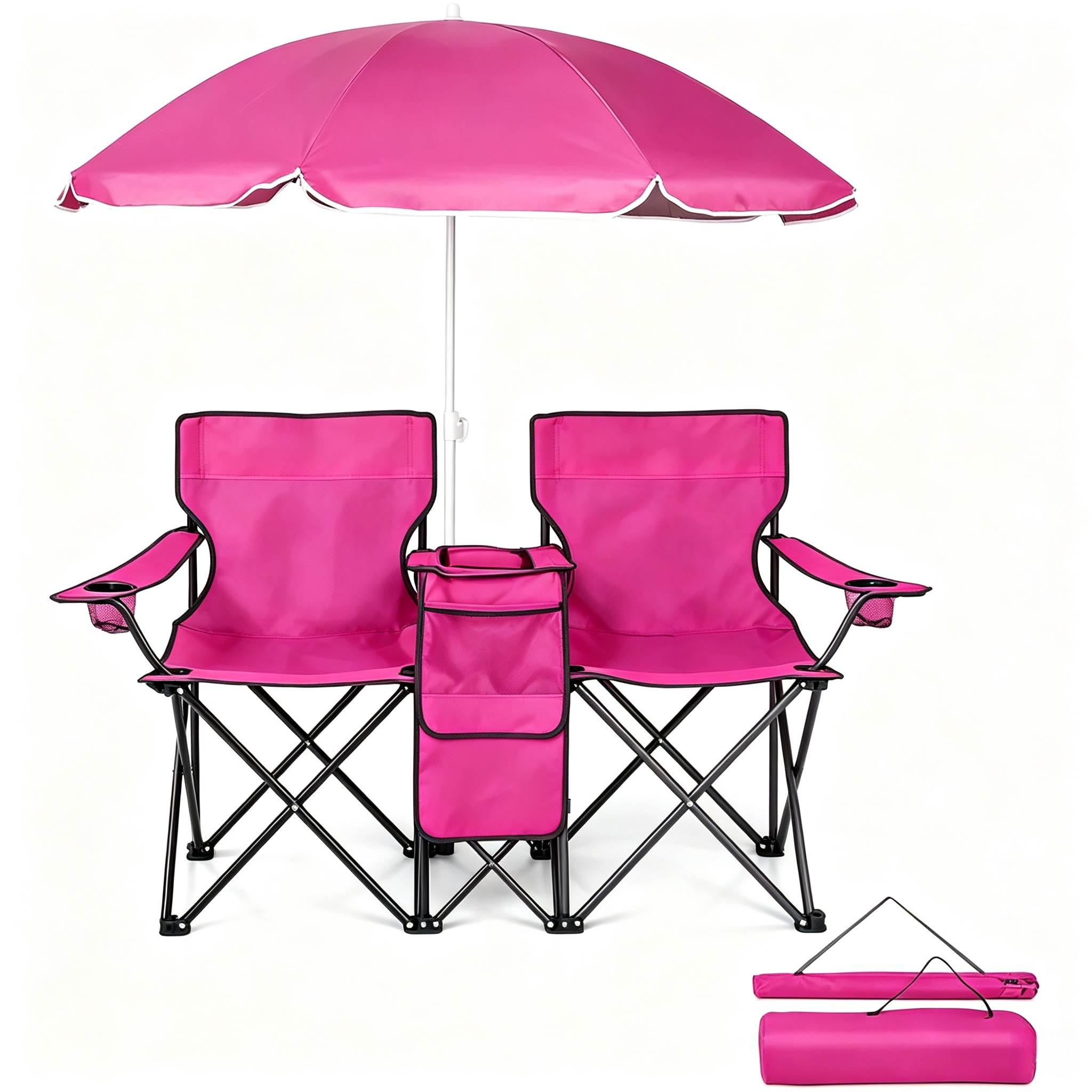 Folding Double Camping Chair with Umbrella, Built‑in Cooler, Cup Holders & Fold‑Up Side Table, Portable Heavy‑Duty Outdoor Chair for Beach Patio Garden