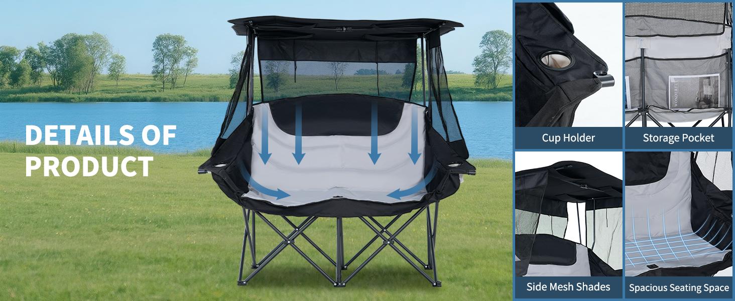 Lilypelle XXXL Double Camping Chair with Shade Canopy, 2 Person Folding Beach Chair with Cup Holder Carrying Bag, Heavy Duty Steel Frame Collapsible Camp Chairs for Outdoor Garden Patio Lawn Sports summergarden deskmakeover