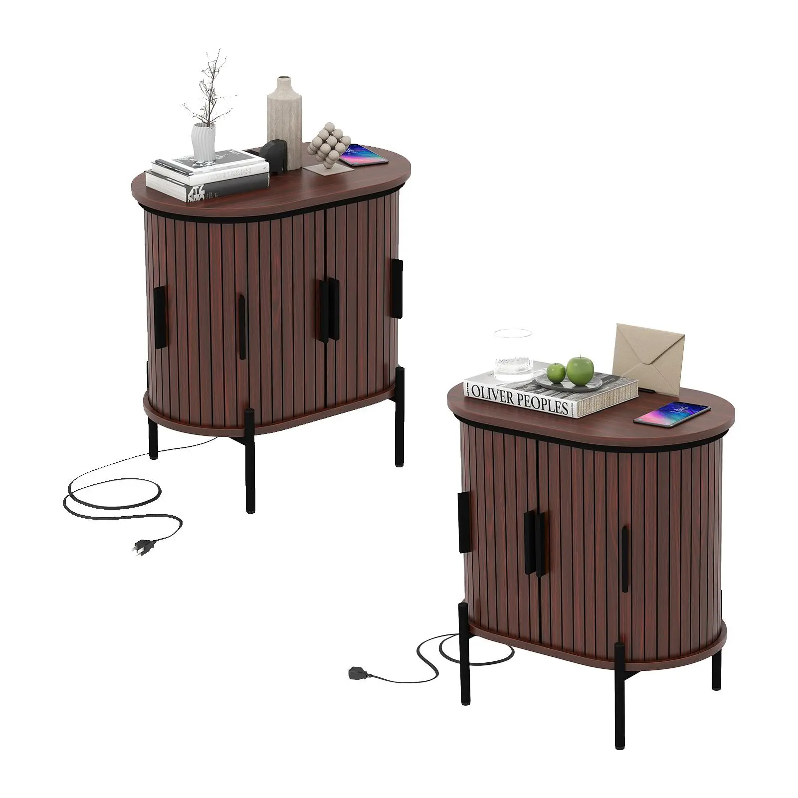 Chic Mid-Century Oak Wood Nightstand, Fluted Tambour Bedside Table with Charging Port, Storage Cabinet, Easy Assembly, Compact Wooden Side Table for Bedroom & Small Spaces