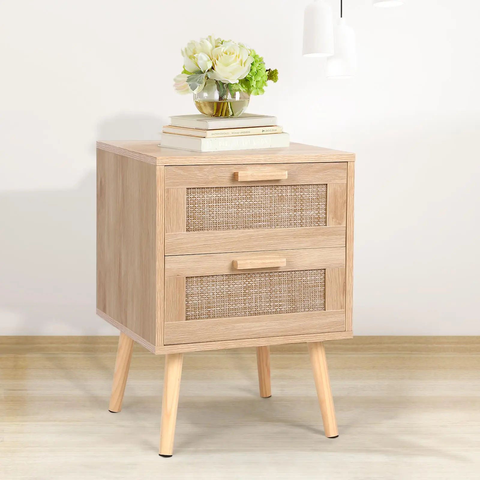 Rattan Nightstand | 2 Drawer Storage, Solid Wood Legs, Easy Assembly