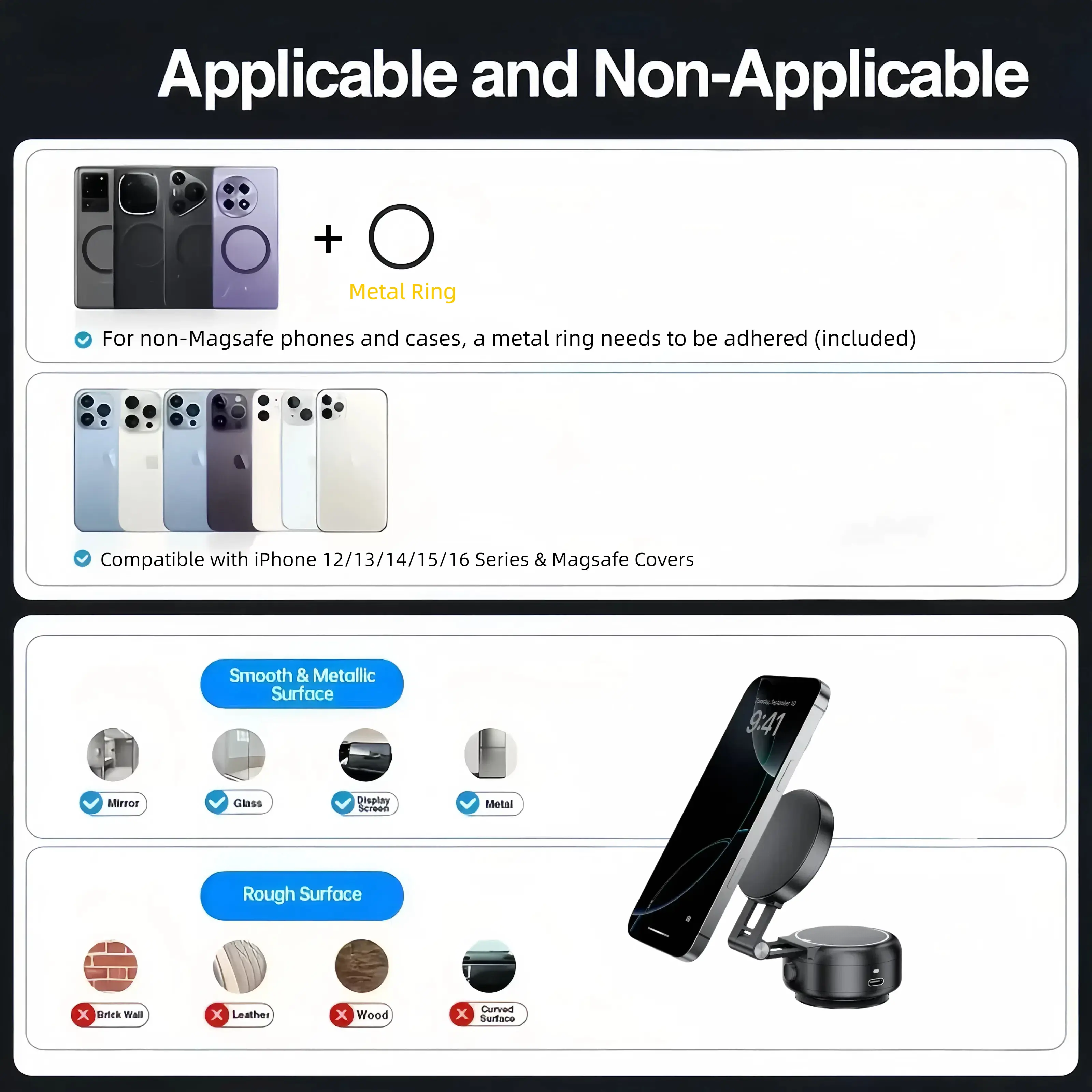Vacuum Magnetic Phone Holder,Cellphone Stand,Smartphone Folding Mount,Dual-Sided Electronic Vacuum and Magnetic Adsorption,Selfie,Car,Office