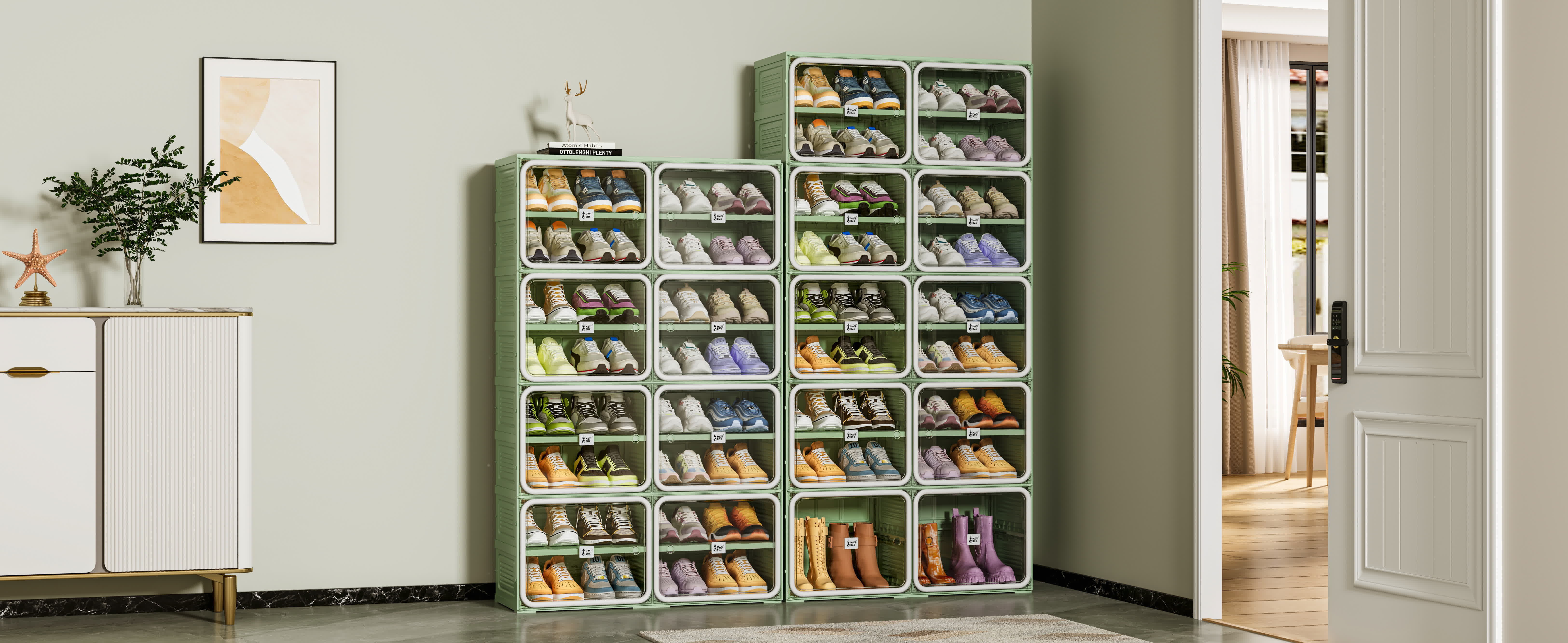 8 Tier Colorful Shoe Storage Cabinet, Black & Red Stackable Foldable Shoe Organizer with Magnetic Clear Doors, Large Capacity Sneaker Storage Cabinet for Bedroom, Closet & Apartment