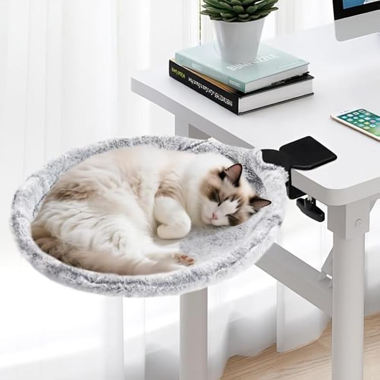 Cat Desk Bed 180&deg; Rotating Rabbit Fur Cat Bed, Soft Indoor Cat Nest for Office Desk, Gaming Table & Island Counter, Supports 50 lbs, Light Grey sohochic