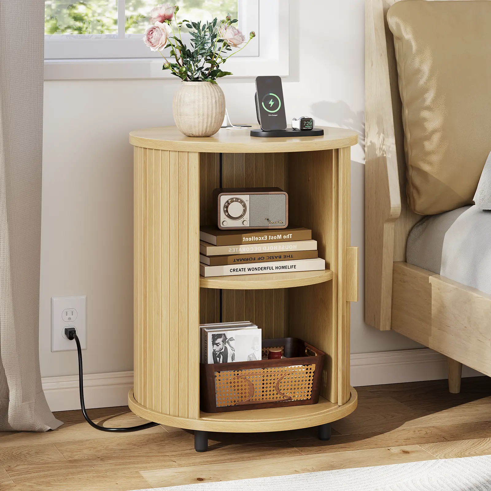 Mid‑Century Round Nightstand Set of 2, End Table with Charging Station, Sliding Door & 2‑Tier Storage for Home Use