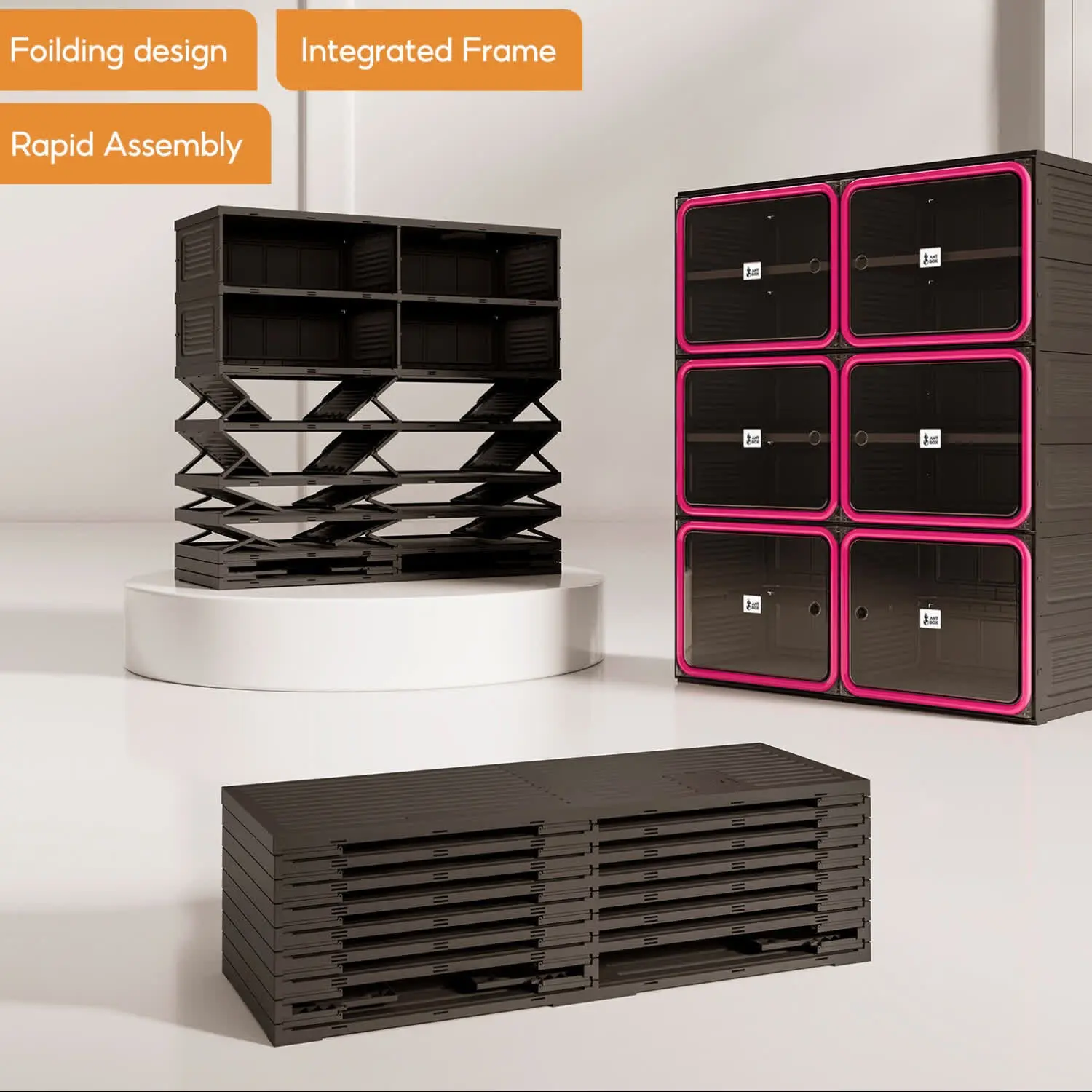 8 Tier Colorful Shoe Storage Cabinet, Black & Red Stackable Foldable Shoe Organizer with Magnetic Clear Doors, Large Capacity Sneaker Storage Cabinet for Bedroom, Closet & Apartment