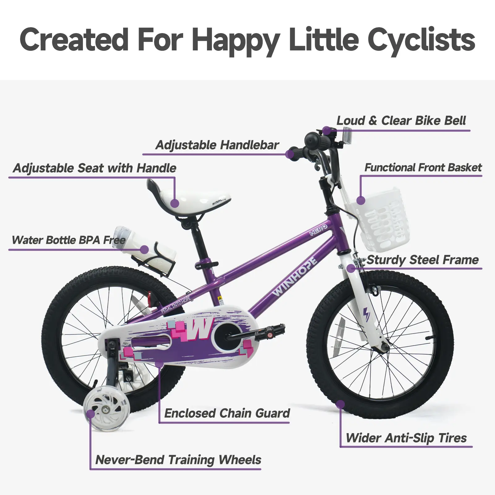 WINHOPE Hero Kids Bike for Ages 2–9 | 12–18 Inch with LED Training Wheels, Front Basket & Water Bottle Holder | 95% Pre-Assembled, Dual Brakes, Adjustable Seat & Handlebars