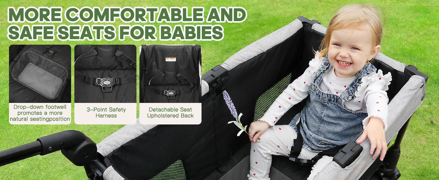 Dripex Stroller Wagon for 2 Kids, All-Terrain Foldable Kids Wagon Stroller with Removable Canopy, Mosquito Net, Snack Tray, Cup Holders & Storage Basket