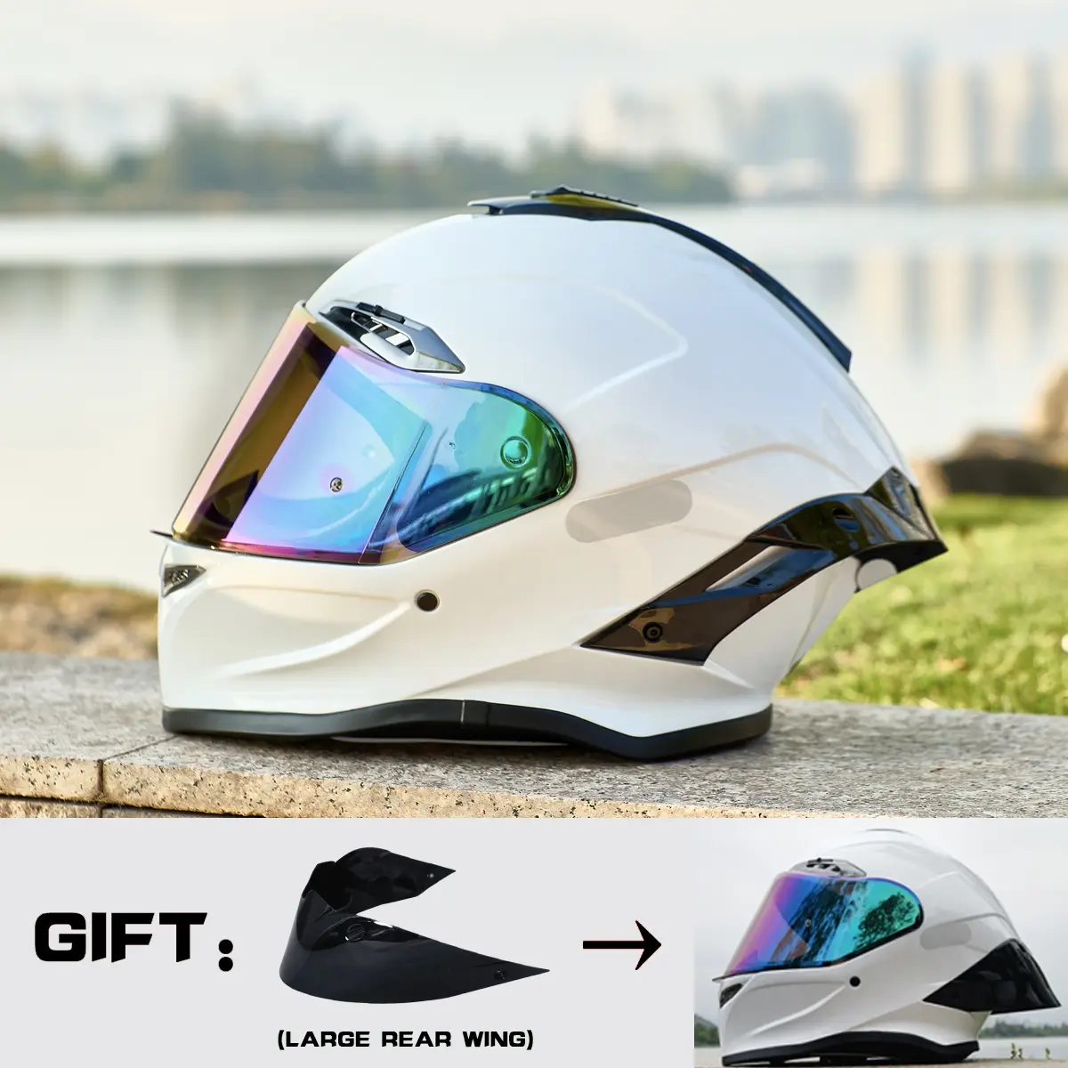 HULIABU Brand Full-Face Motorcycle Helmet, A large tail fin is given as a gift.Abs Material with Eps Liner, Multiple Ventilation, Sunshade Lenses, Unisex All-Season Commuter Helmets