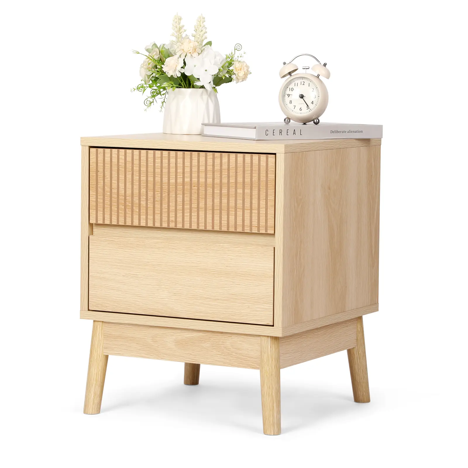 Fluted Wooden Bedside Nightstand, 2‑Drawer End Table with Solid Wood Legs & Storage for Bedroom, Living Room