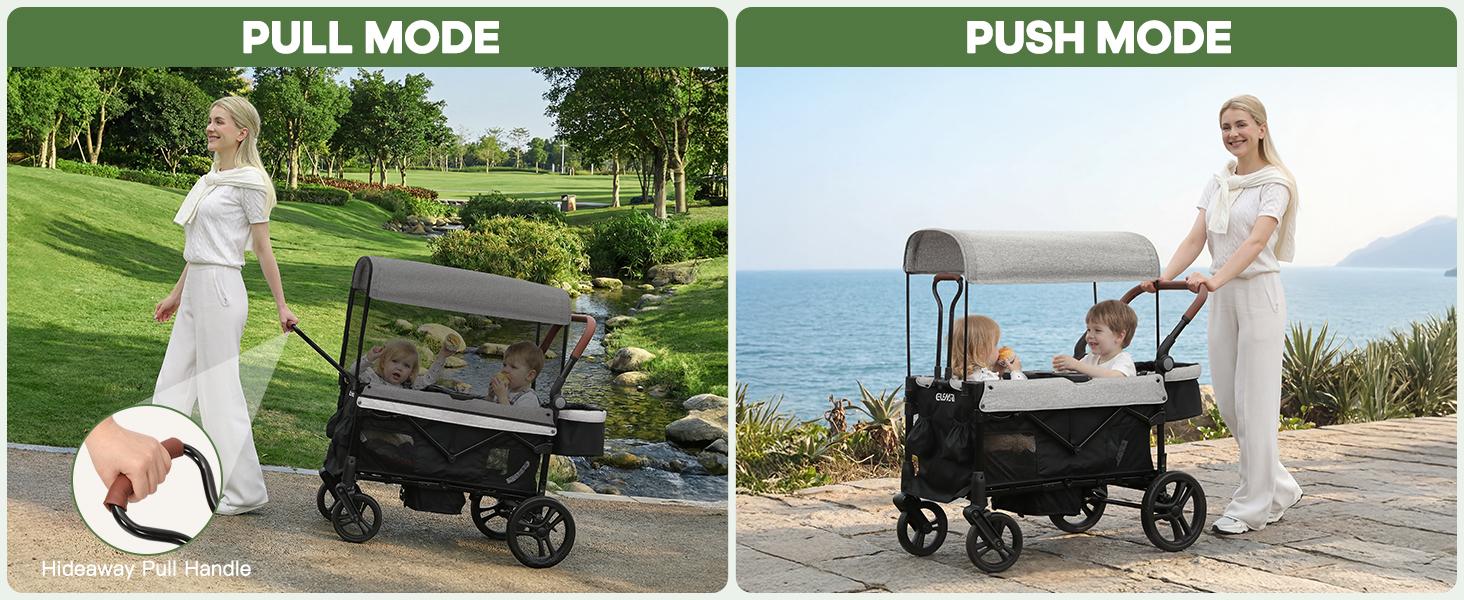 Dripex Stroller Wagon for 2 Kids, All-Terrain Foldable Kids Wagon Stroller with Removable Canopy, Mosquito Net, Snack Tray, Cup Holders & Storage Basket