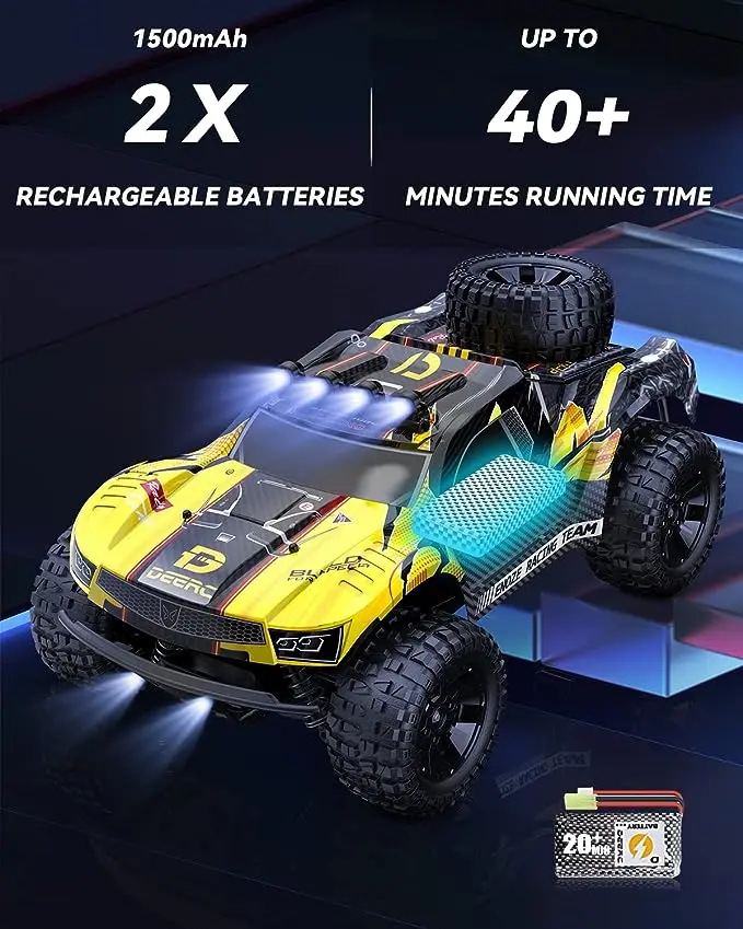 DEERC 9201E 1:10 Large Offroad Remote Control Race Car for Boys, 48 km/h Fast Short Course 4x4 PVC-Free Electric Vehicle with Lights, 2 Lithium-Ion Rechargeable Batteries, Miniature RC Cars