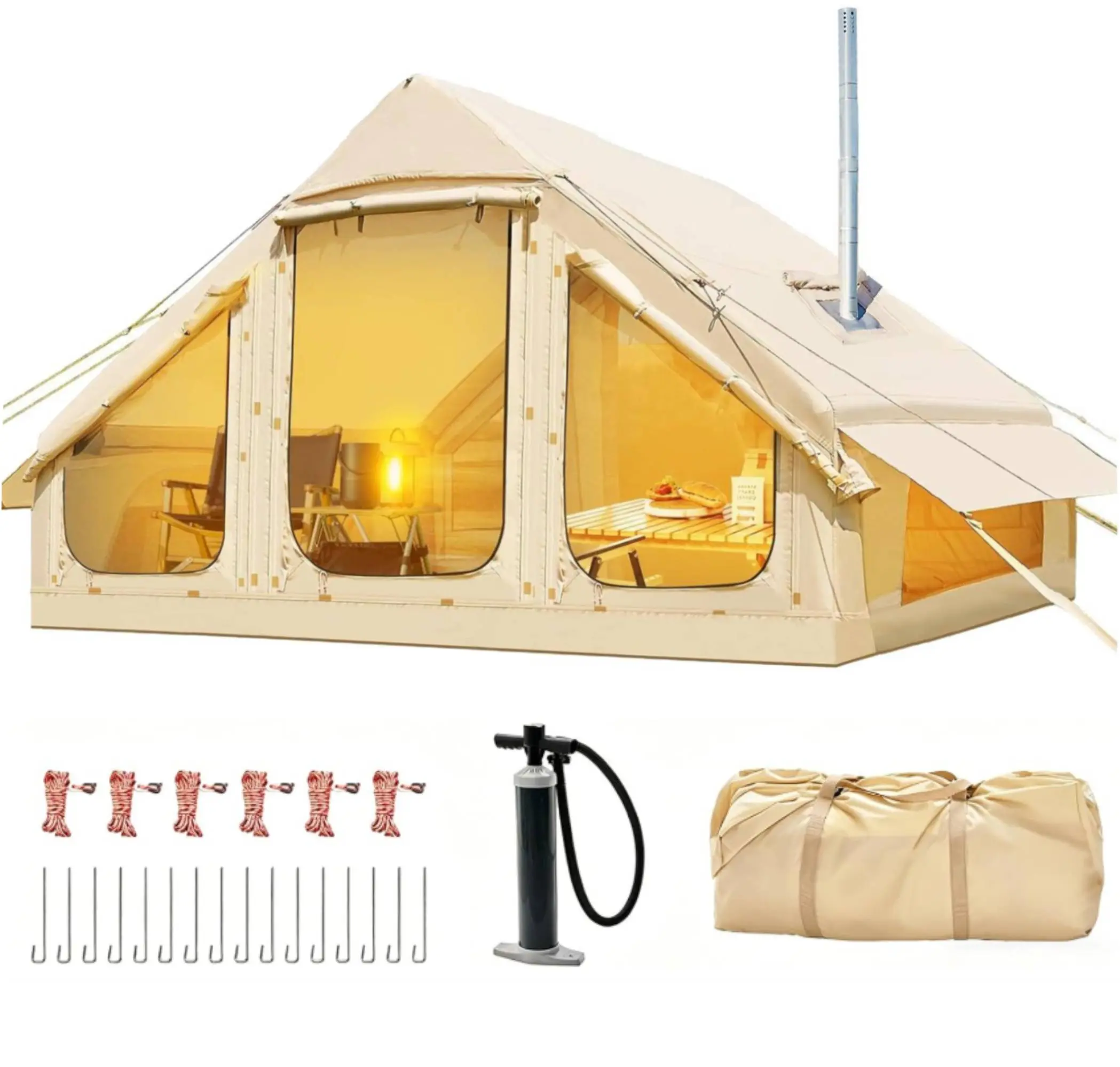 DoCred Large Inflatable Camping Tent with Pump, Glamping Tents with Stove Jack, Easy Set up 4 Season Waterproof Windproof Outdoor Gazebo, Luxury Cabin Tent with Removable Mesh Windows & Doors for Beach, Backyard, Sleepovers, Camping