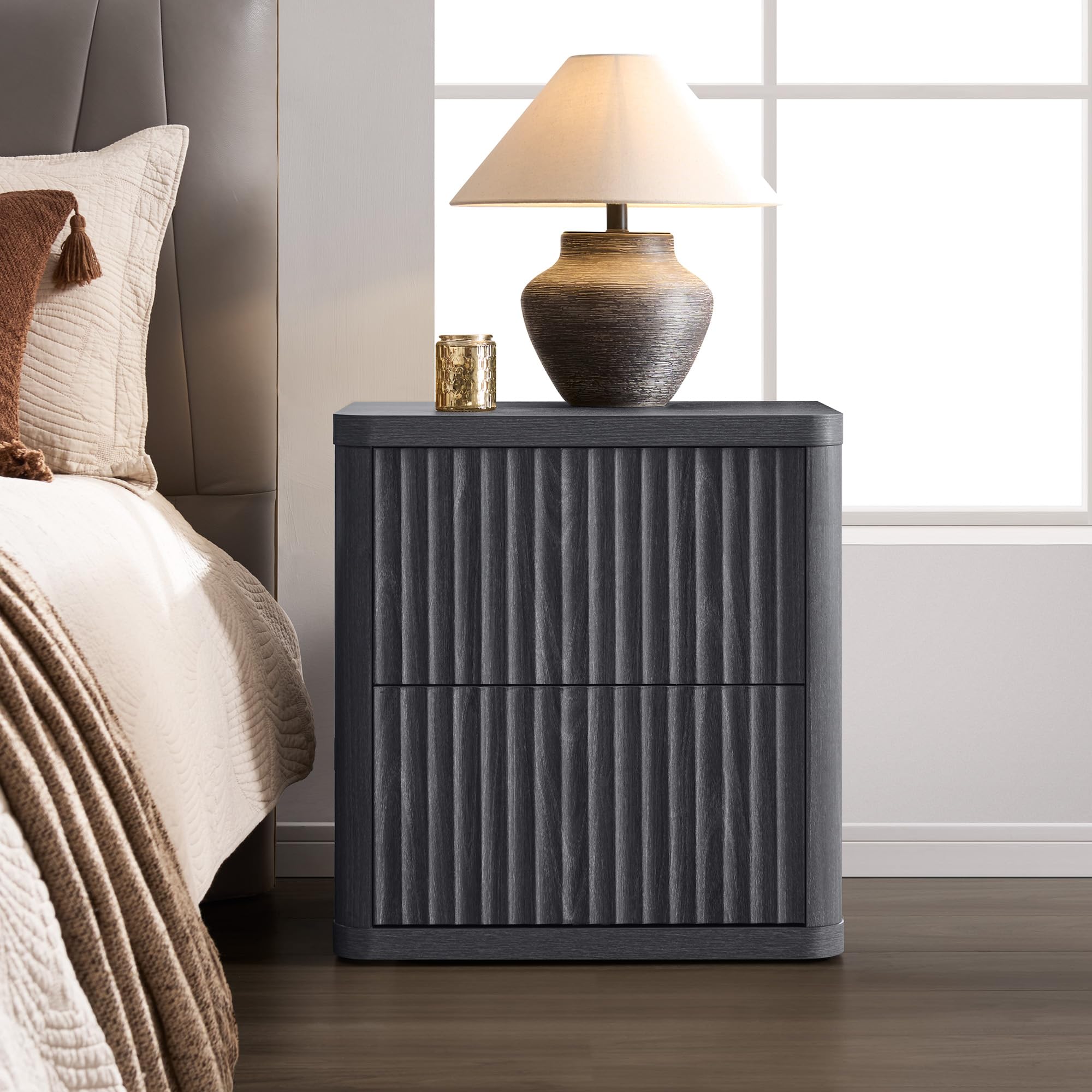 SICOTAS Set of 2 Wood Nightstands - 22.75" Wide Contemporary End Tables, Fluted Modern Bedside Table Cabinets with 2 Large Handleless Drawers, Curved Edges for Bedroom Small Spaces Furniture, Bedside Table Cabinet