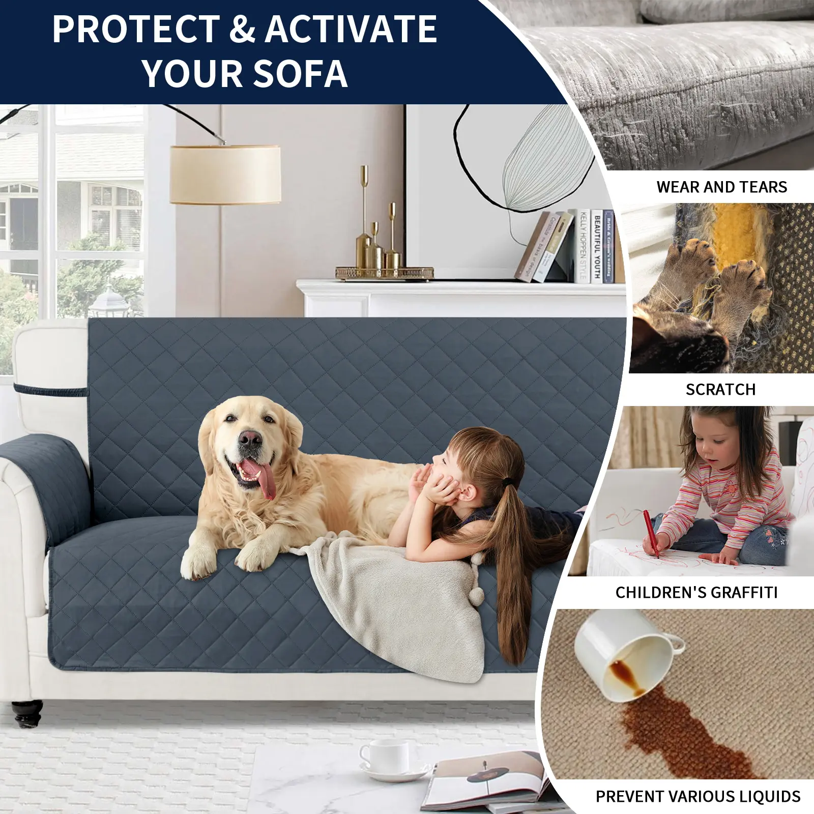  Reversible Couch Cover for sofa,Water Resistant Sofa Protector Slipcover for1/2/3/4 Seater with Foam Sticks Elastic Strapsfor Pet, Sofa Blanket, Livingroom,back toschool,dorm essentials,home decor,homeessentials