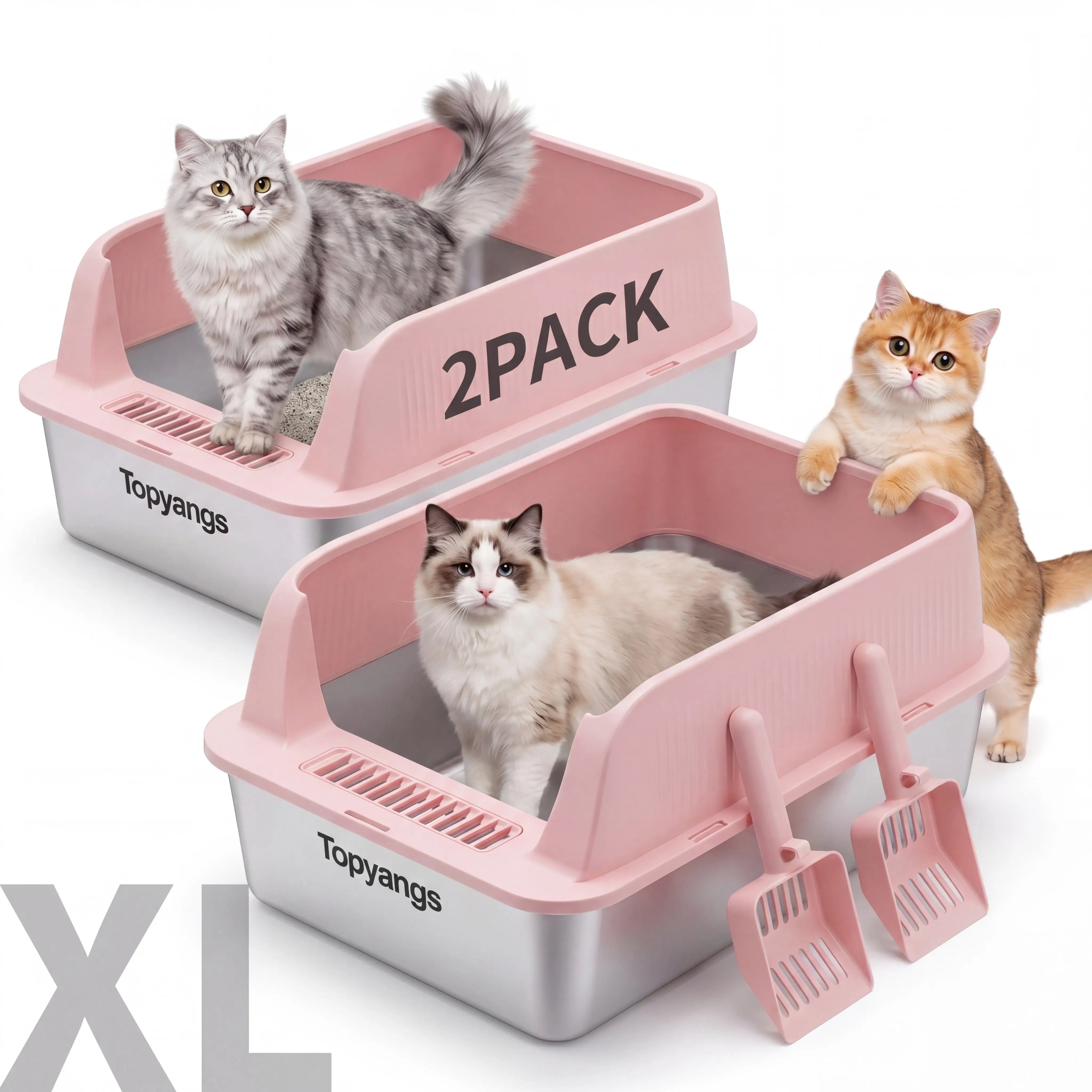 Topyangs 2-Pack Stainless Steel Cat Litter Box, Extra Large High Anti-Splash Sides, Leak-Proof Non-Stick Metal Litter Pans, Easy to Clean, Comes with 2 Litter Scoops, Ideal for Multi-Cat Families