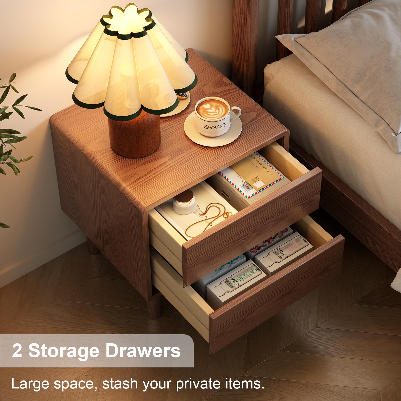 Solid Wood Nightstand with Drawers - Mid-Century Modern Storage Nightstand, Hand-Polished Edges Refined Wood Bedside Table for Modern Bedroom Arm’s Reach Storage