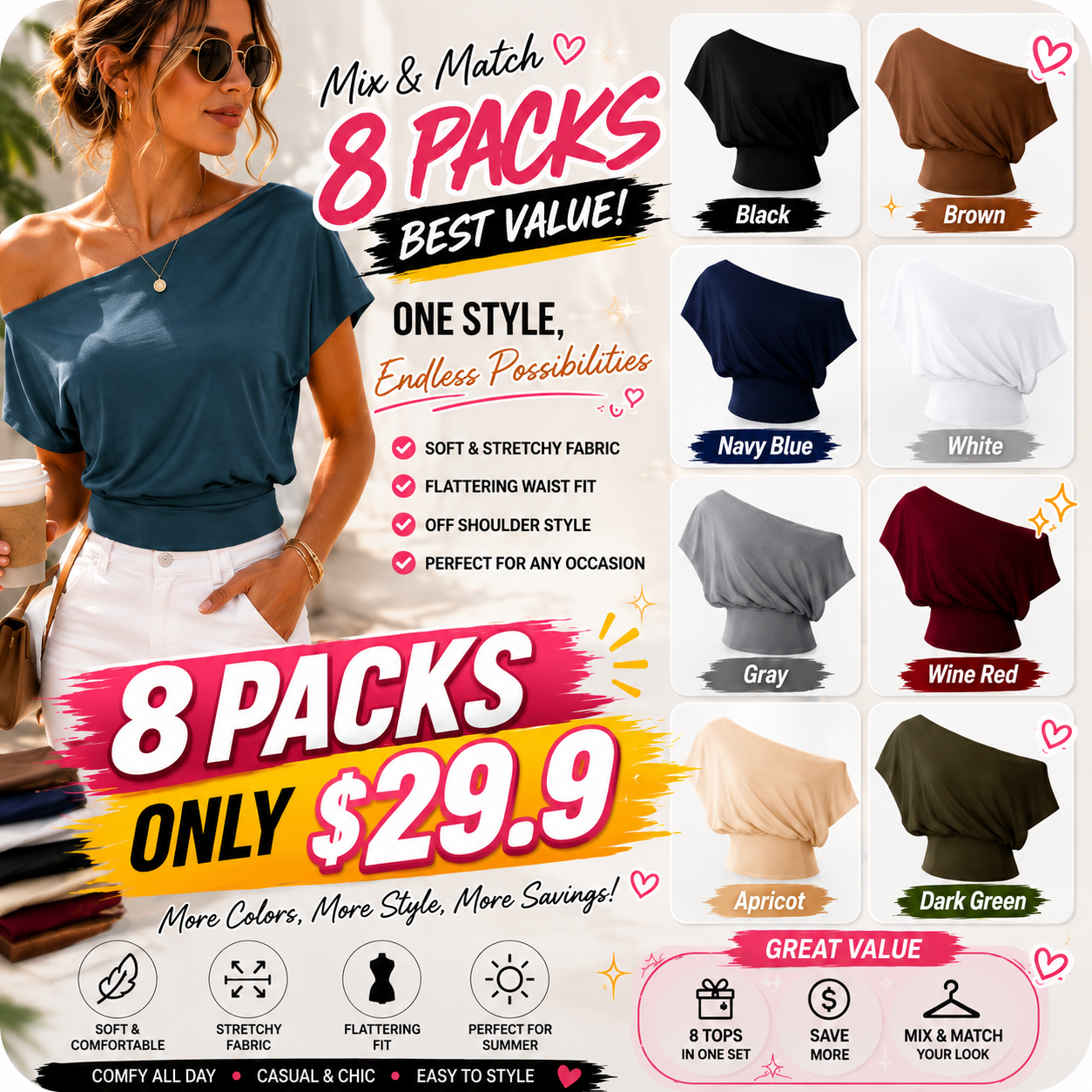 lengatine Women Off Shoulder Crop Top, Soft Stretchy Slim Fit Short Sleeve Shirt