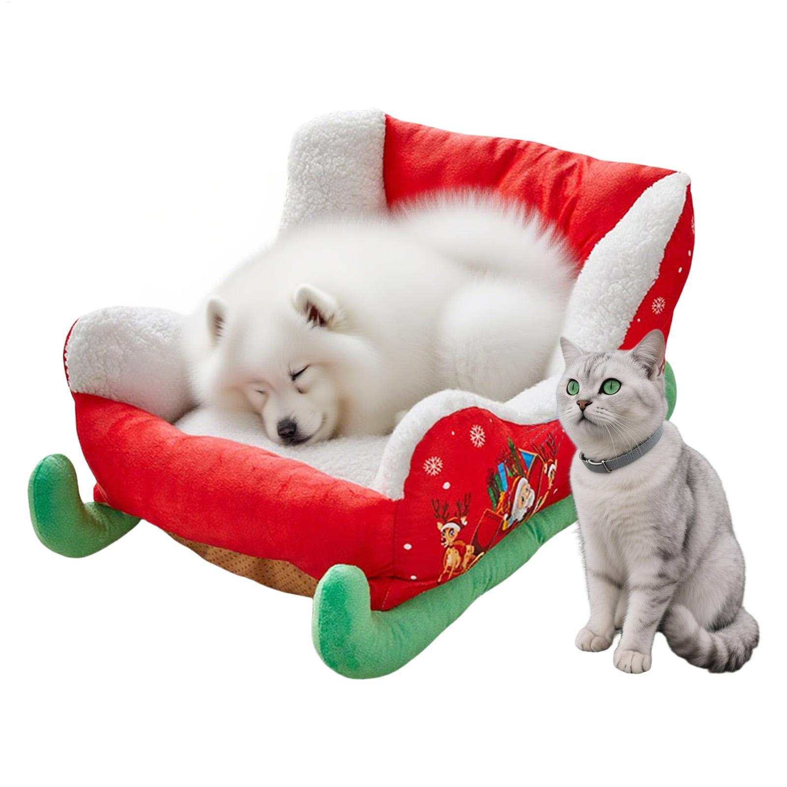 Festive Christmas Sleigh Pet Bed, Soft Plush Holiday Nest for Cats & Dogs