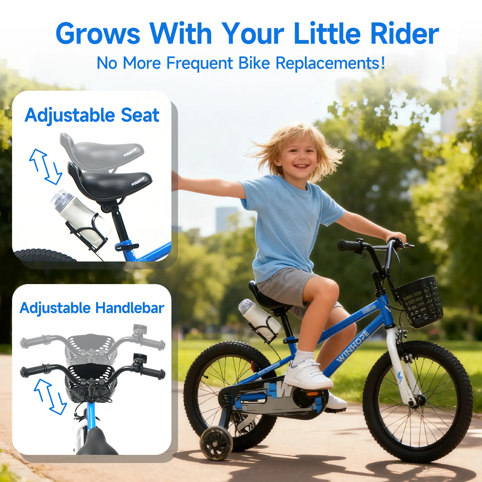 WINHOPE Hero Kids Bike for Ages 2–9 | 12–18 Inch with LED Training Wheels, Front Basket & Water Bottle Holder | 95% Pre-Assembled, Dual Brakes, Adjustable Seat & Handlebars