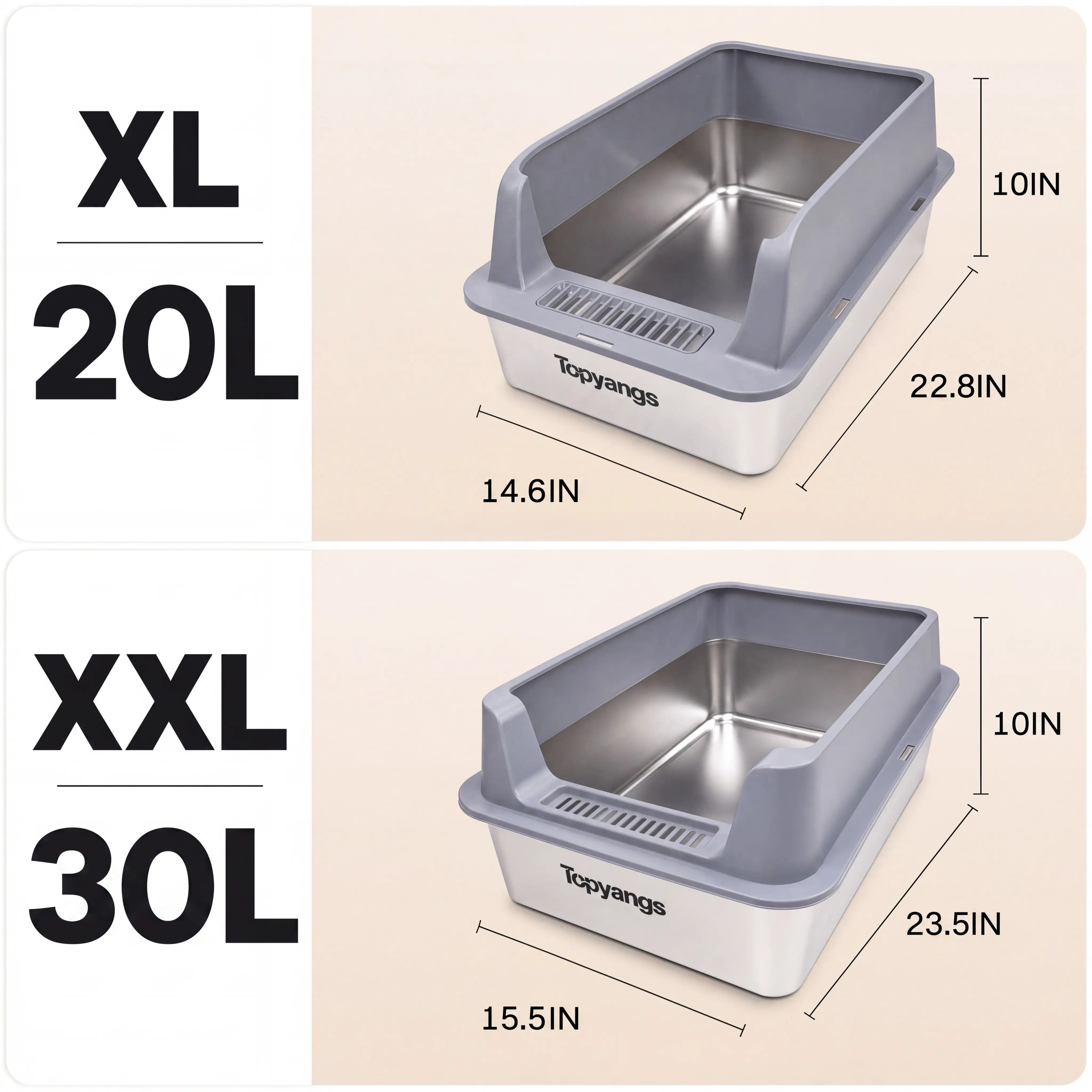 Topyangs 2-Pack Stainless Steel Cat Litter Box, Extra Large High Anti-Splash Sides, Leak-Proof Non-Stick Metal Litter Pans, Easy to Clean, Comes with 2 Litter Scoops, Ideal for Multi-Cat Families