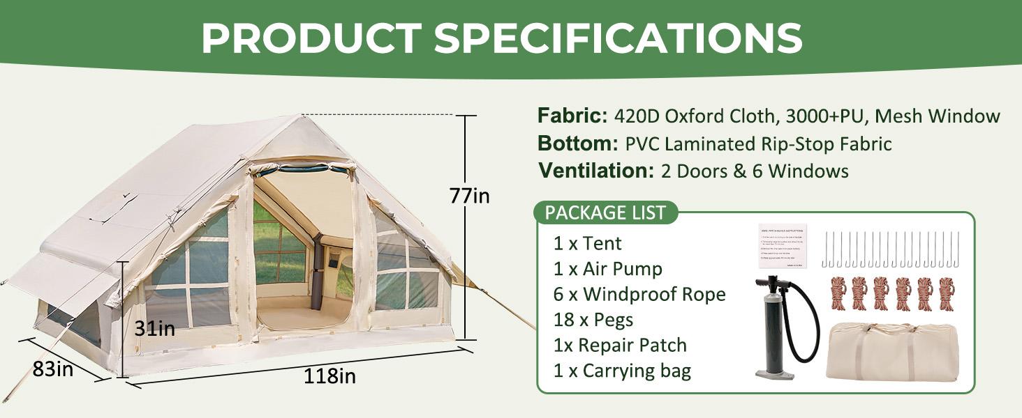 DoCred Large Inflatable Camping Tent with Pump, Glamping Tents with Stove Jack, Easy Set up 4 Season Waterproof Windproof Outdoor Gazebo, Luxury Cabin Tent with Removable Mesh Windows & Doors for Beach, Backyard, Sleepovers, Camping DoCred Large Inflatable Camping Tent with Pump, Glamping Tents with Stove Jack, Easy Set up 4 Season Waterproof Windproof Outdoor Gazebo, Luxury Cabin Tent with Removable Mesh Windows & Doors for Beach, Backyard, Sleepovers, Camping