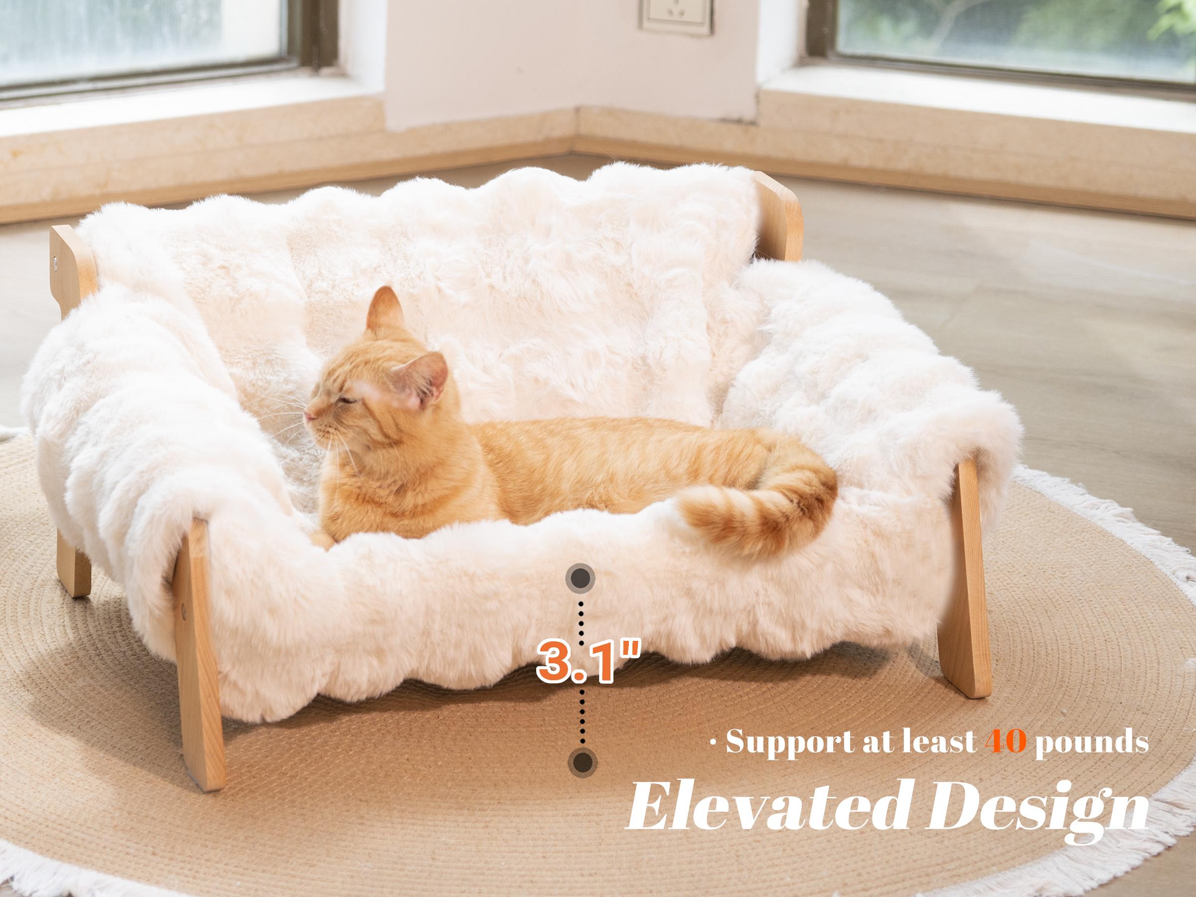Elevated Pet Couch Bed, Solid Wood Sofa for Cat and Small Dog , Removable Washable Fluffy Cover Raised, Kitty Lounge Chair Suitable for Puppy for Indoor