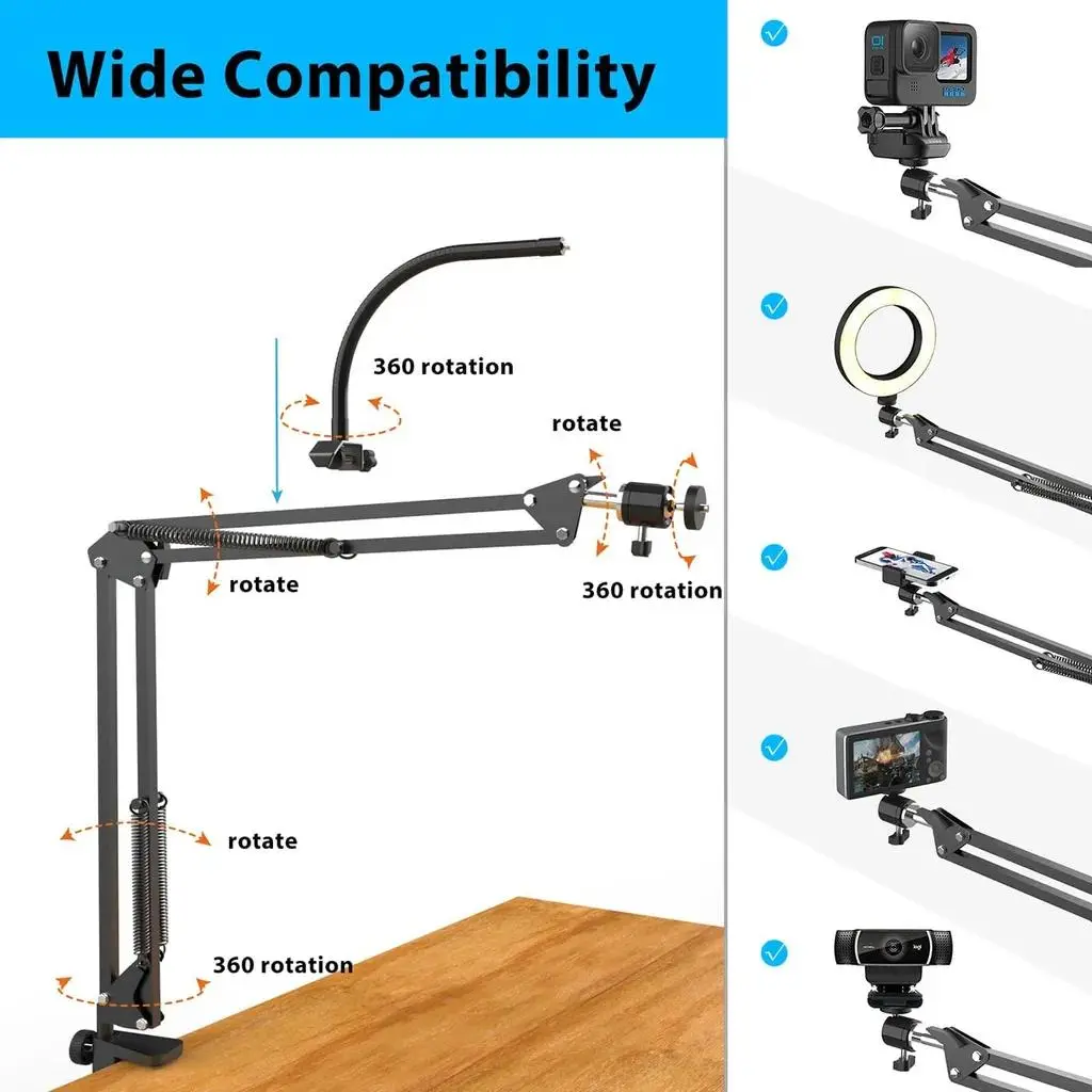Overhead Cellphone Mount With Ring Light, 1 Count Adjustable Rotatable Phone Arm Stand, Content Creator Tools, Professional Desk Phone Camera Holder Stand For Live Stream, Videography Equipment