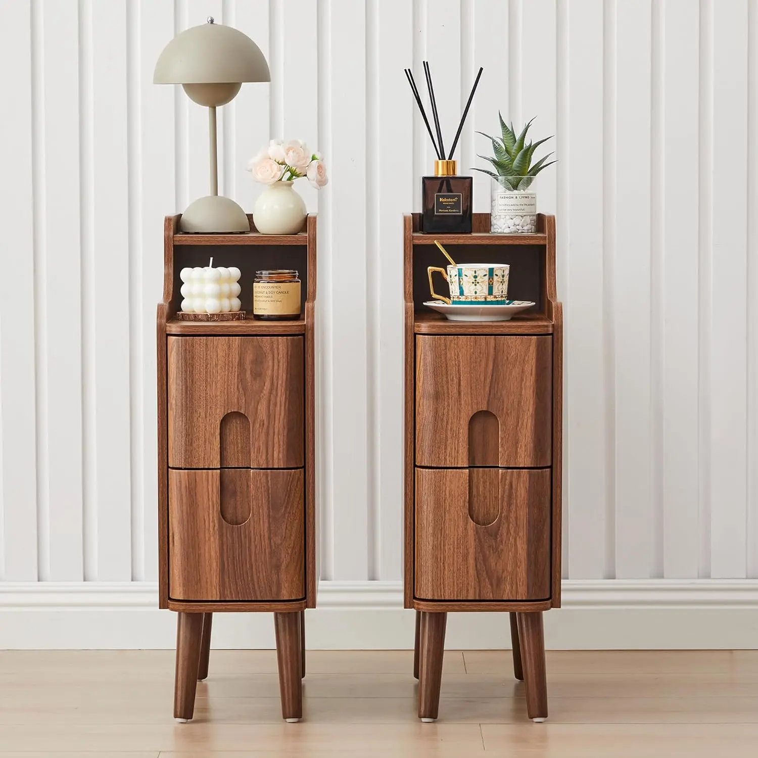 Narrow Vintage Wooden Nightstand, Compact 2‑Drawer End Table for Small‑Space Bedroom & Living Room