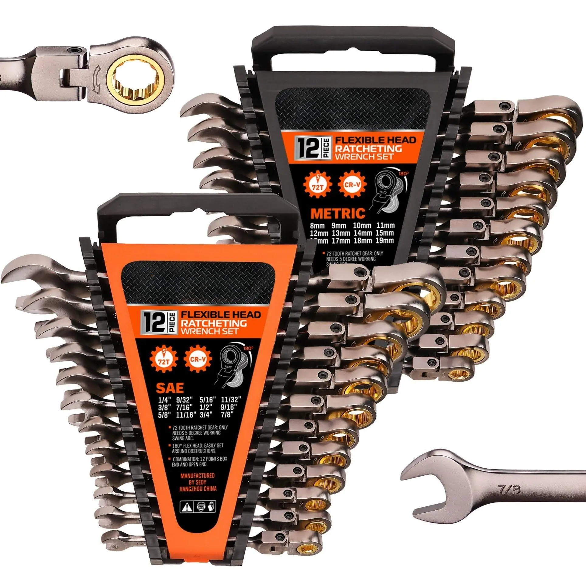 24PC Flex-Head Ratcheting Wrench Set | Metric and SAE | Ratchet Combination Wrenches Set with Organizer | 72-Teeth | Chrome Vanadium Steel Hardware, Gift, Spring Glow Up