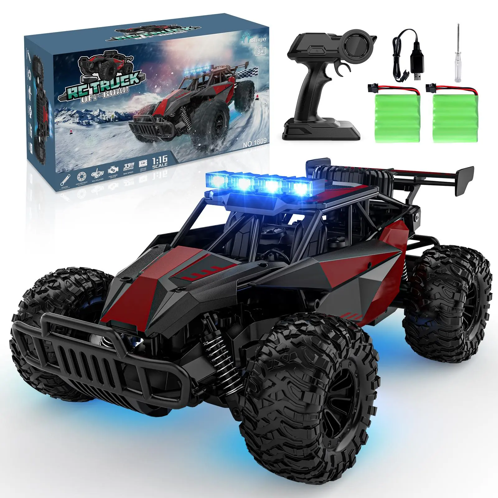 Remote Control Car - 2.4GHz High Speed 33KM/H RC Cars Toys, 1:12 Monster RC Truck Off Road with LED Headlight and Rechargeable Battery Gifts for Adults Boys 8-12 rc car Outdoorfun Durable