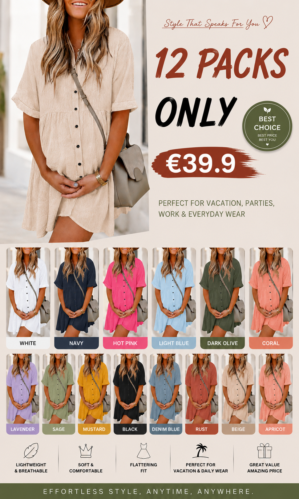 Women Short Sleeve Button Down Textured Non-clingy Loose Fit Flowy Mini Dress with Pockets 2026 New Summer Dress