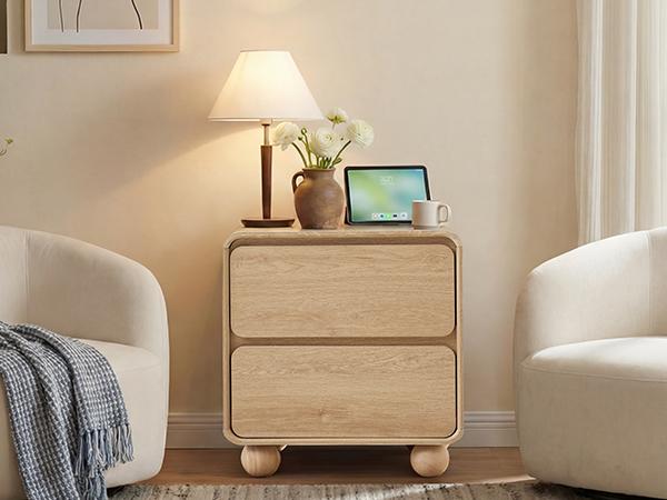 Giratree Small Night Stand with 2 Drawers, Mid Century Modern Nightstands with Solid Wood Legs, 2 Drawer Dresser Curved Profile Design End Table Side Table for Small Space, Dorm, Bedroom