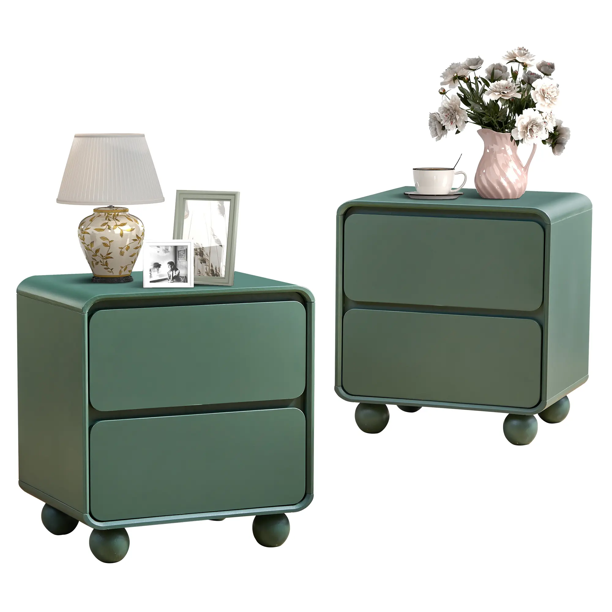 Mid‑Century Modern Nightstand with 2 Drawers, Solid Wood Legs & Curved Profile, Compact Side Table for Small Spaces, Dorms & Bedrooms