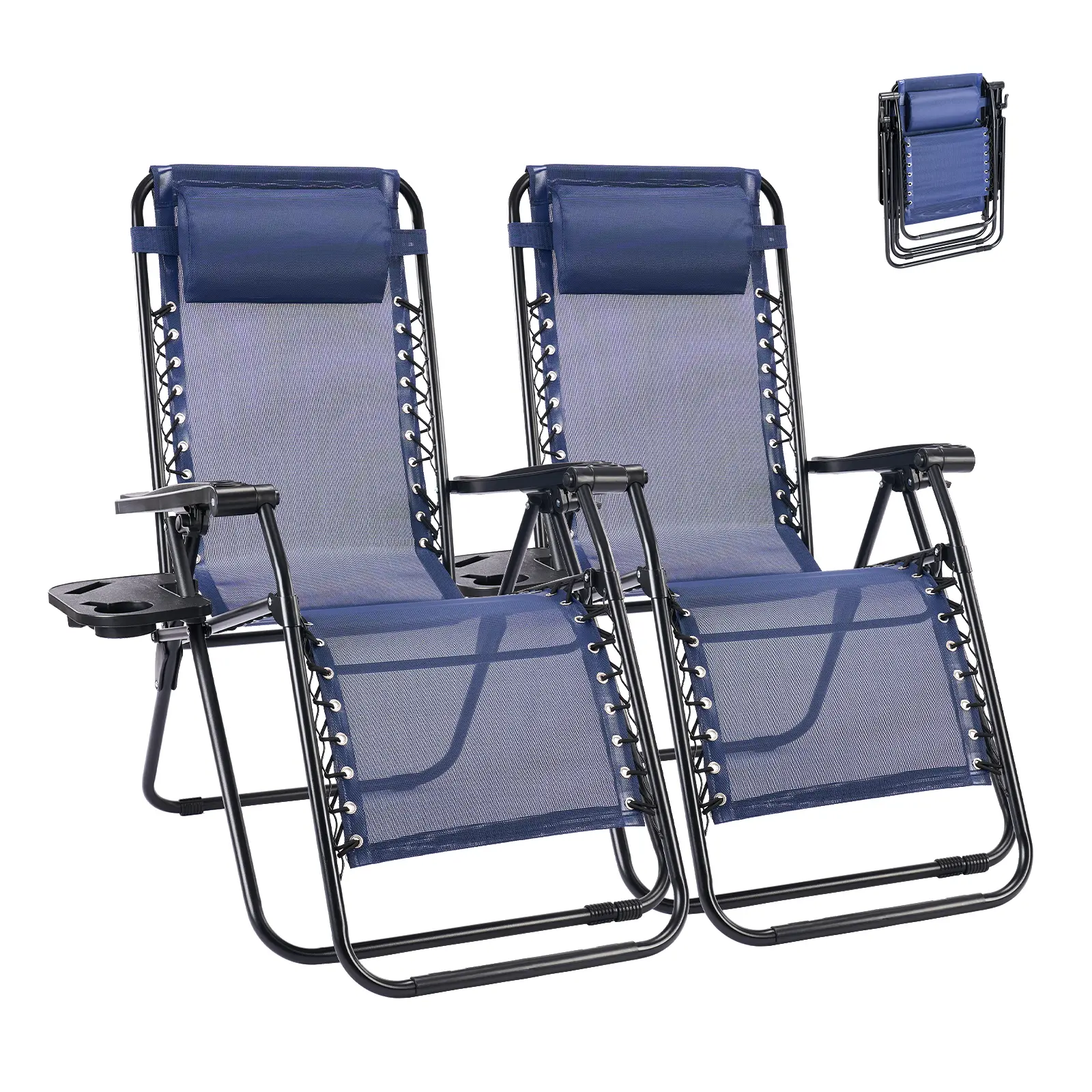 Set of 2 Folding Outdoor Reclining Lounge Chairs, Detachable Cup‑Holder Trays & Adjustable Pillow, Portable Foldable Beach & Poolside Lawn Chairs