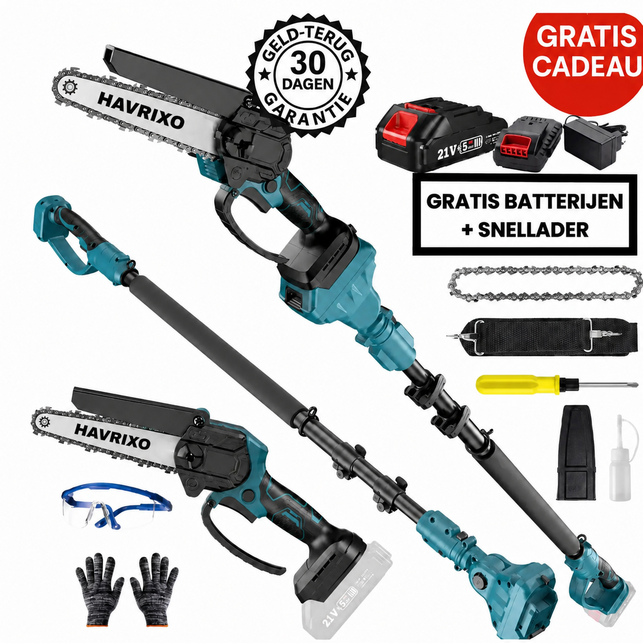 HAVRIXO F2 - Cordless 2-in-1 pole saw & mini chainsaw – 15 cm electric tree trimmer with extension pole, dual battery and fast charger