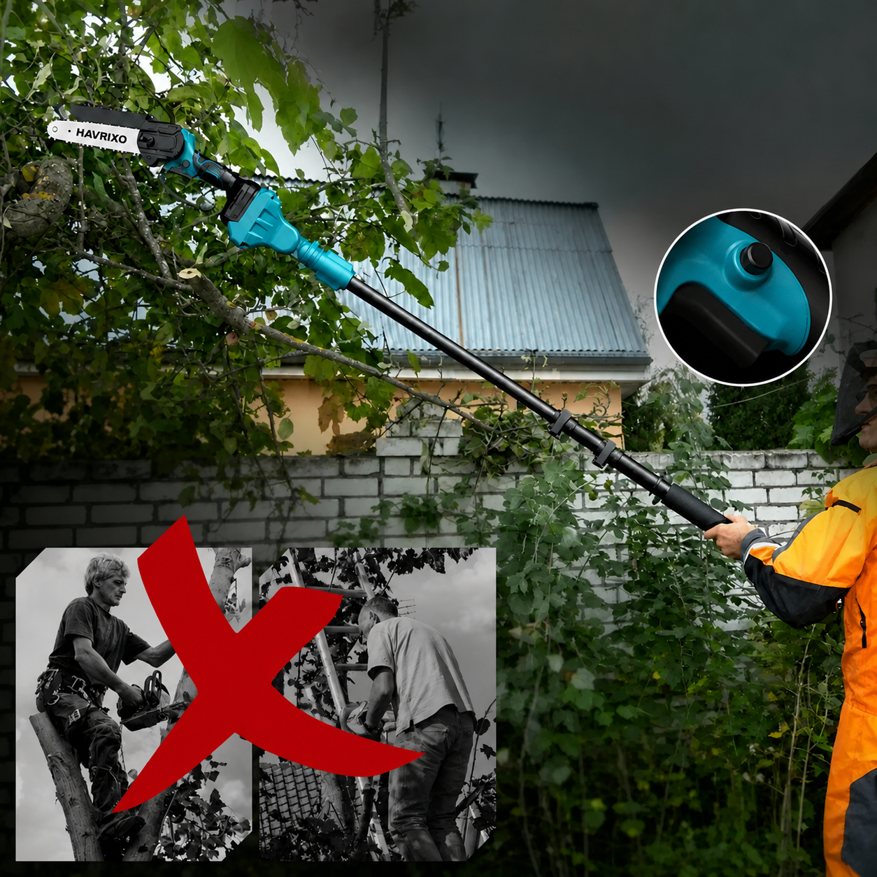 HAVRIXO F2 - Cordless 2-in-1 pole saw & mini chainsaw – 15 cm electric tree trimmer with extension pole, dual battery and fast charger