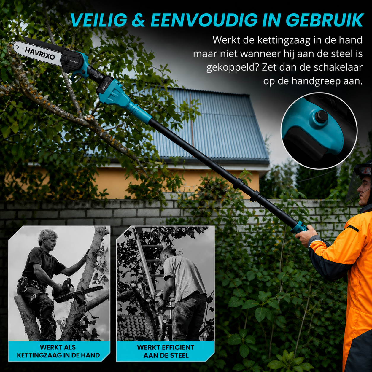 HAVRIXO F2 - Cordless 2-in-1 pole saw & mini chainsaw – 15 cm electric tree trimmer with extension pole, dual battery and fast charger