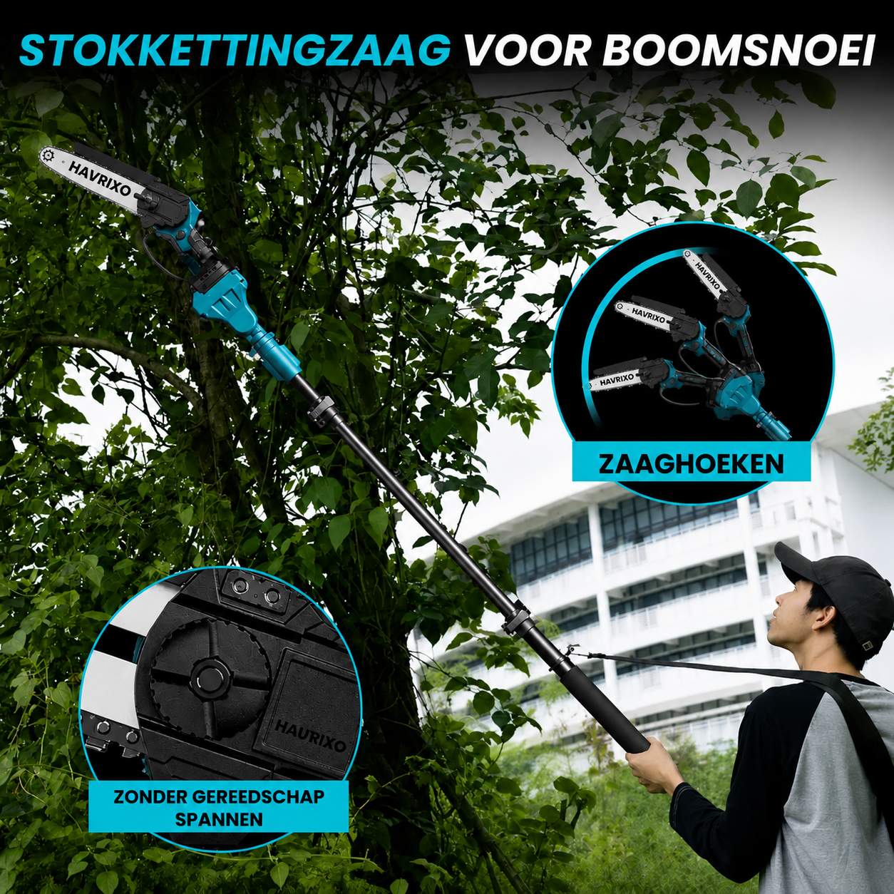 HAVRIXO F2 - Cordless 2-in-1 pole saw & mini chainsaw – 15 cm electric tree trimmer with extension pole, dual battery and fast charger