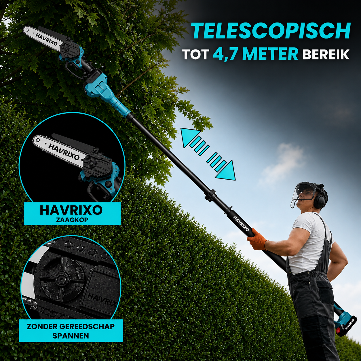HAVRIXO F2 - Cordless 2-in-1 pole saw & mini chainsaw – 15 cm electric tree trimmer with extension pole, dual battery and fast charger