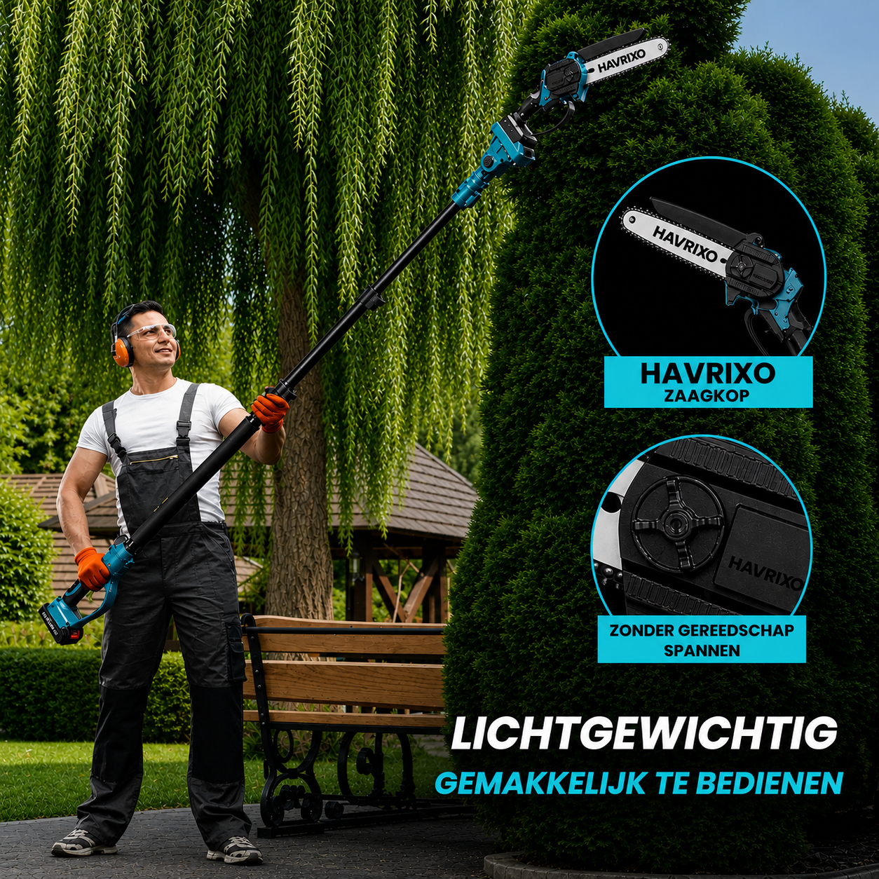 HAVRIXO F2 - Cordless 2-in-1 pole saw & mini chainsaw – 15 cm electric tree trimmer with extension pole, dual battery and fast charger