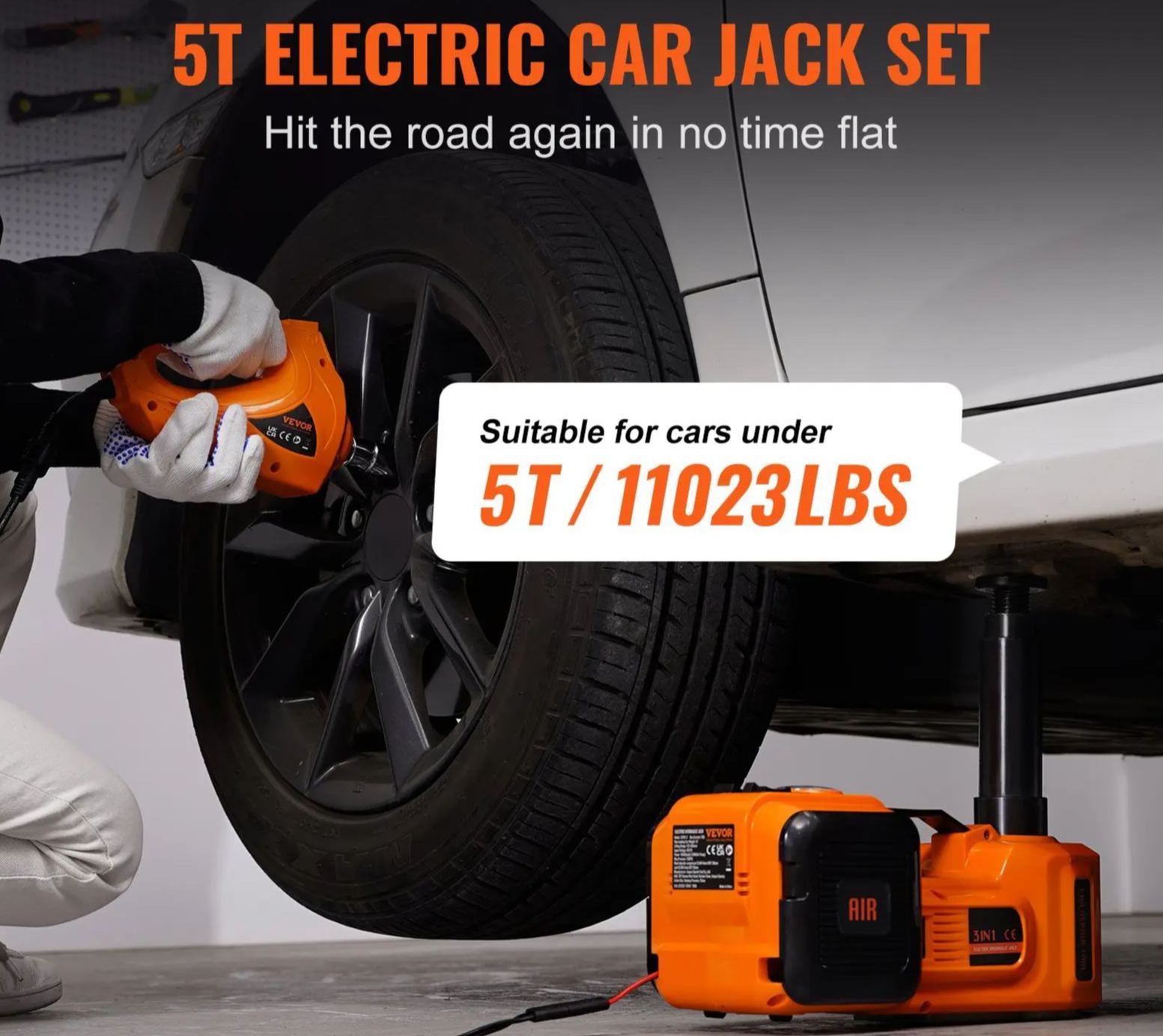 5 Ton Electric Car Jack Kit, 11023 LBS Hydraulic Jack with Electric Impact Wrench, Built-In Air Pump & LED Light, Portable Tire Change Kit for SUV, Sedan & Truck