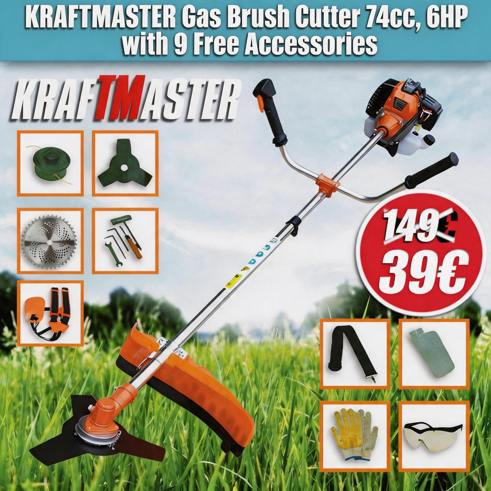KraftMaster 74 Cubic Cm Petrol Trimmer Complete with Accessories