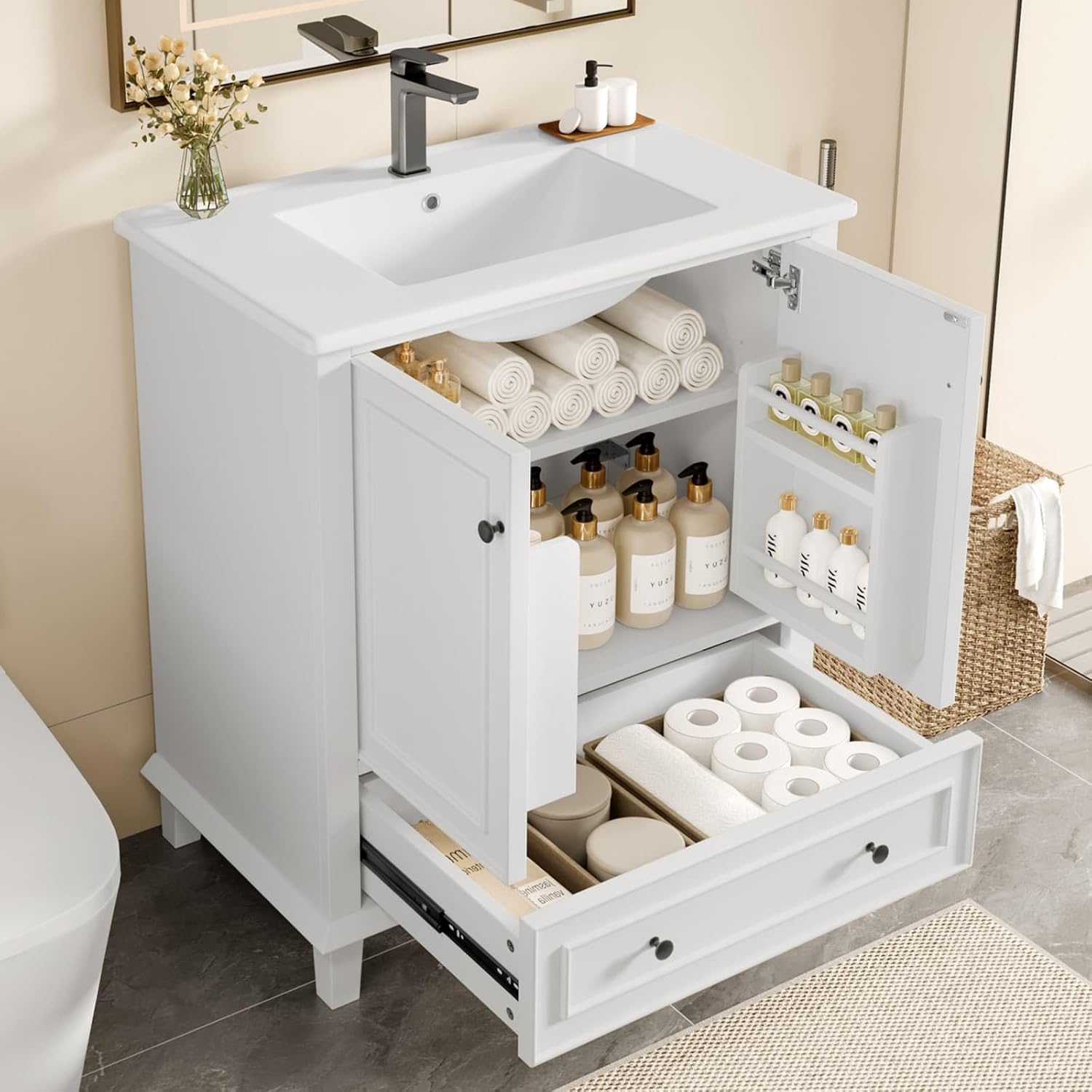 Sweiko meuble salle de bain blanc sur pied - 76 x 46 x 87 cm avec lavabo céramique intégré - 2 portes 1 tiroir pieds bois massif - résistant humidité eau-Nestuphut