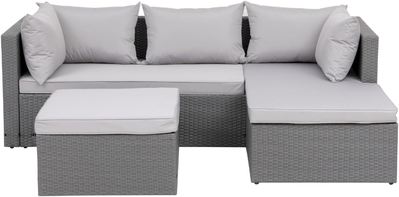 CONCEPT USINE LECCI salon de jardin gris et gris clair - 202 x 69 x 63 cm 4 places sectionnel - résine tressée acier robuste - canapé angle réversible pouf-Nestuphut