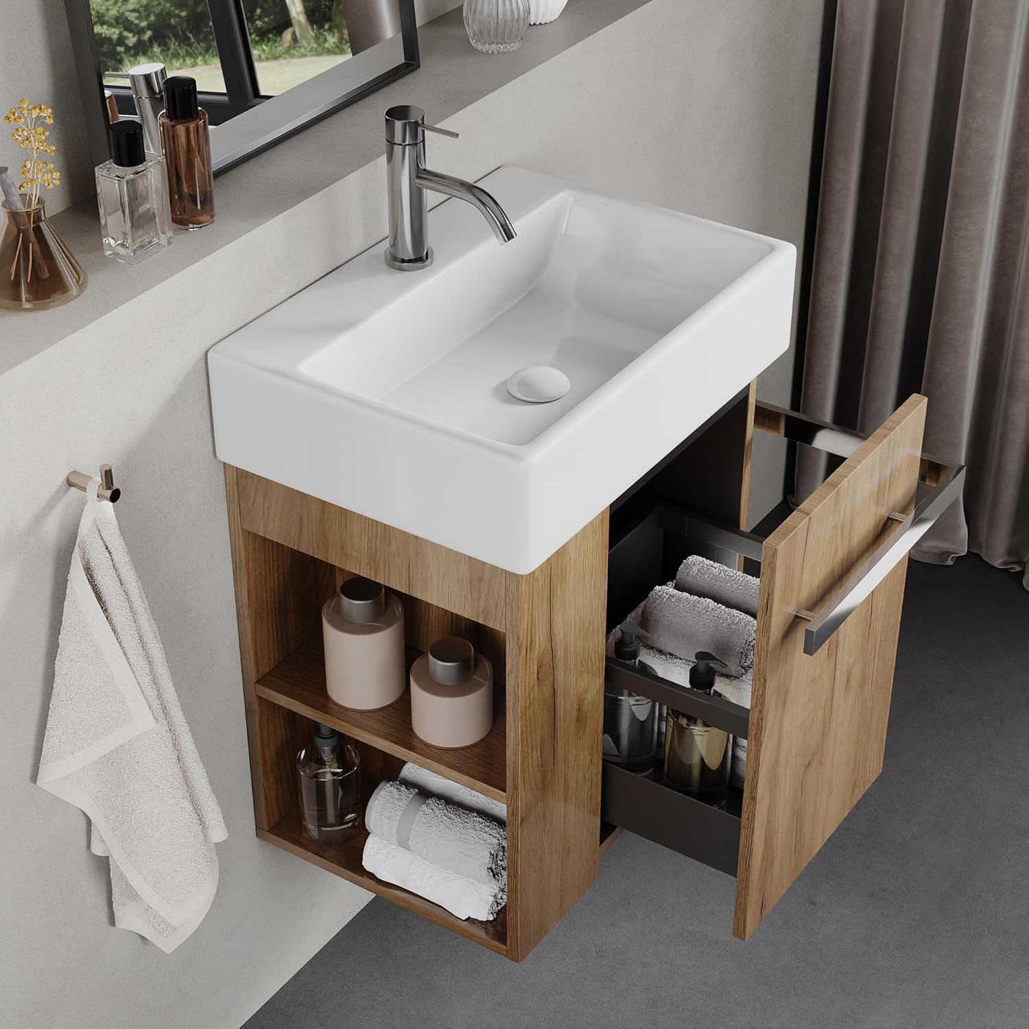 BRIDGE BENO meuble de salle de bain European Oak - 50 cm avec lavabo céramique - tiroir à fermeture douce - poignée porte serviettes option gauche droite-Nestuphut