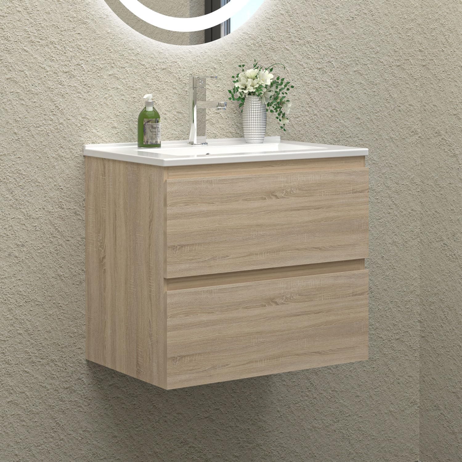 HAPAOSO meuble salle de bain chêne - 60 cm avec vasque rectangulaire - 2 tiroirs de rangement - style moderne assemblage requis-Nestuphut
