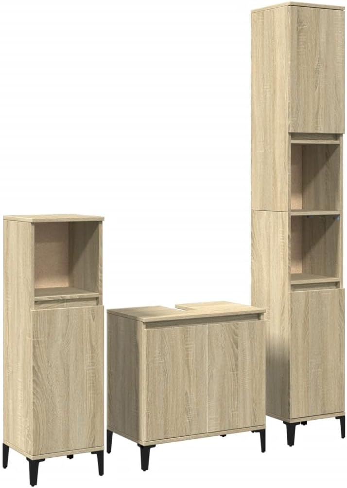 Ensemble meuble salle de bain vidaXL 3 pieces chene Sonoma armoire haute armoire basse meuble vasque rangement salle de bain-Nestuphut