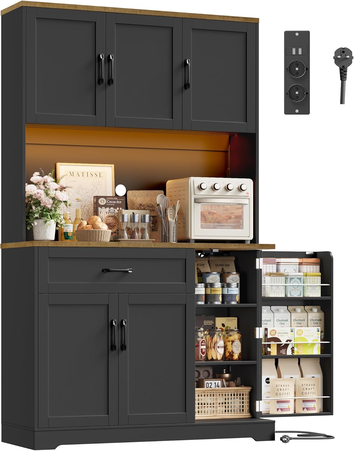 Buffet cuisine FirFurd 100 cm LED multiprises 13 etageres 1 tiroir armoire haute rangement moderne-Nestuphut