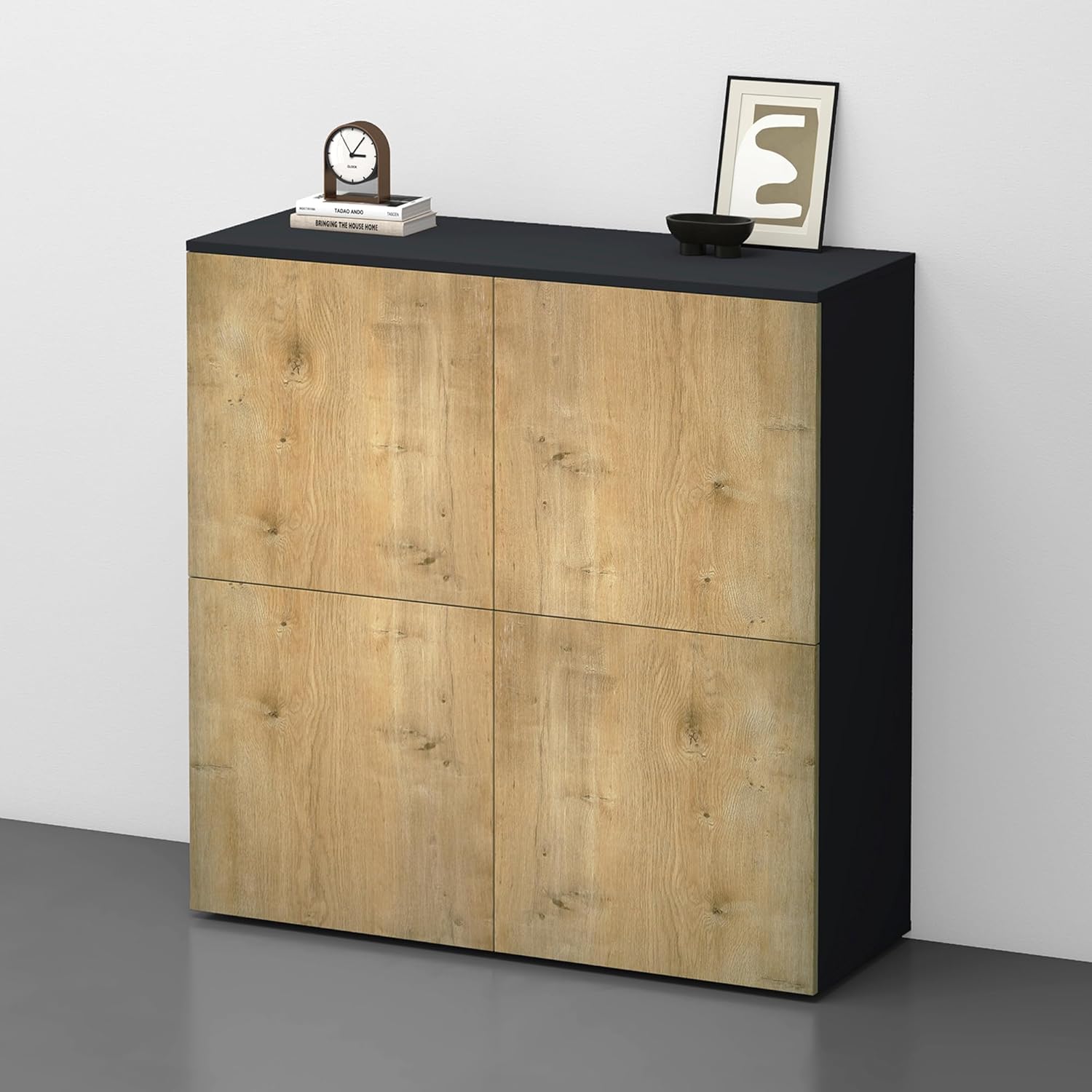 Buffet salle a manger doporro 100 cm gris noir mat et chene grege 4 portes meuble rangement moderne-Nestuphut