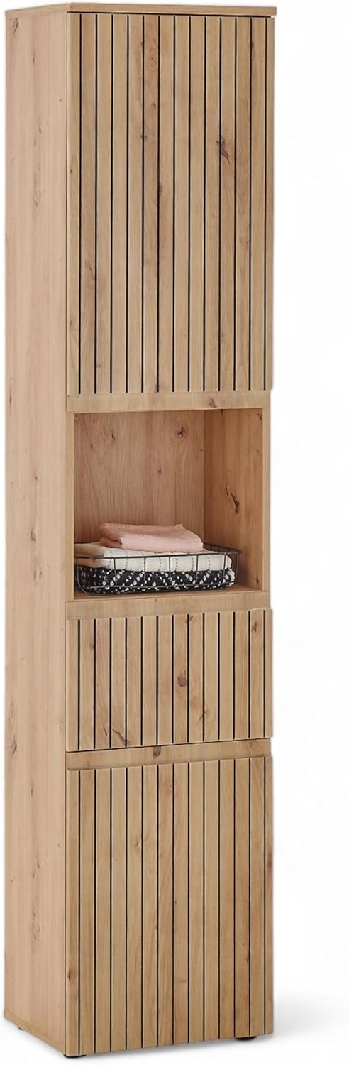 Stella Trading Austin armoire haute salle de bain chêne - 40 x 31 x 181 cm bois d ingénierie - certifiée FSC grand rangement - montage au sol porte dalle-Nestuphut
